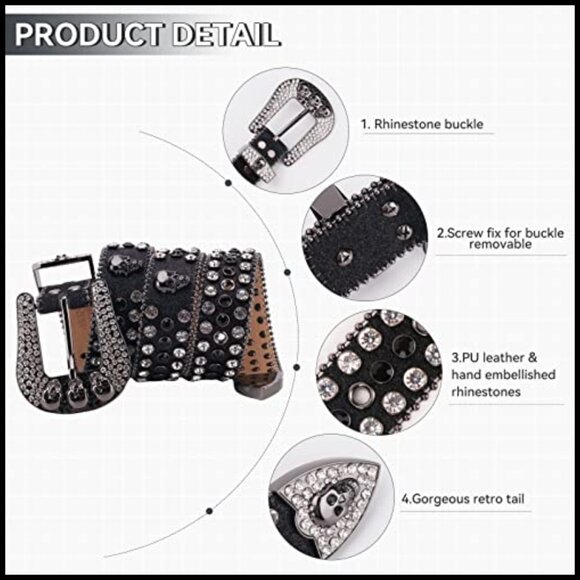 Western Rhinestone Studded Leather Belt for Pants Jeans main image 4